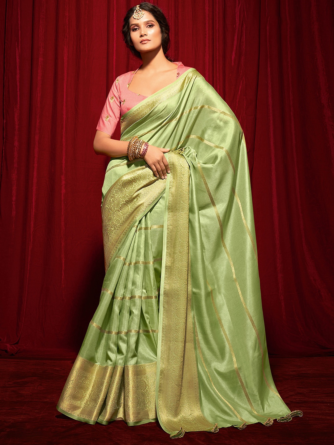 

Saree mall Green & Gold-Toned Leheriya Zari Leheriya Saree