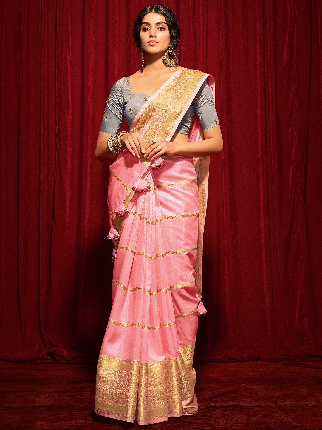 

Saree mall Pink & Gold-Toned Leheriya Zari Leheriya Saree