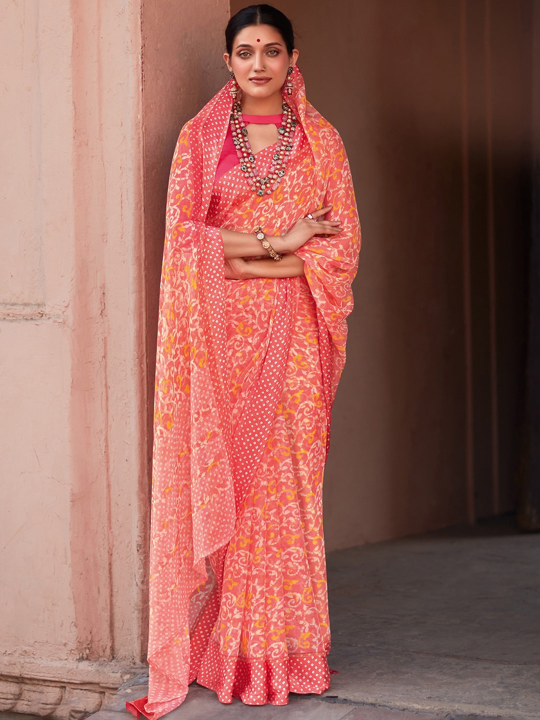 

Saree mall Peach-Coloured & Yellow Floral Pure Chiffon Saree