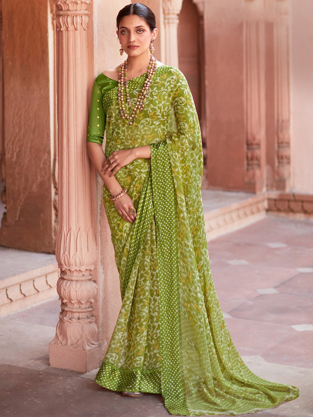 

Saree mall Olive Green & Yellow Ethnic Motifs Pure Chiffon Saree