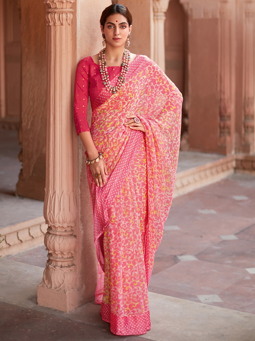 

Saree mall Pink & Yellow Floral Pure Chiffon Saree