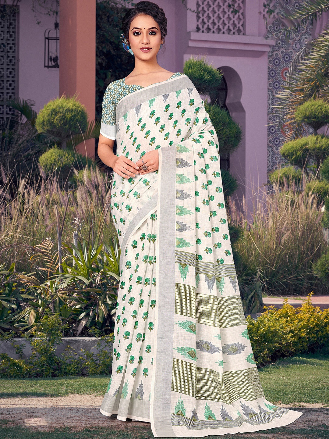 

Saree mall Off White & Green Floral Zari Pure Linen Kasavu Sarees