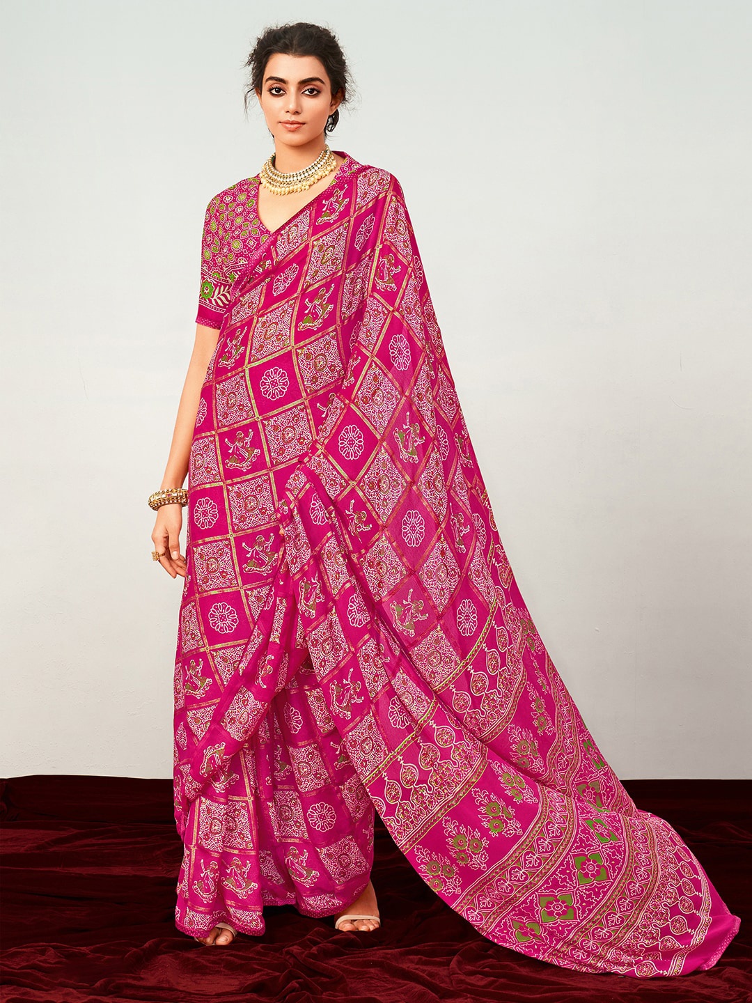 

Saree mall Pink & Green Zari Pure Georgette Patola Saree