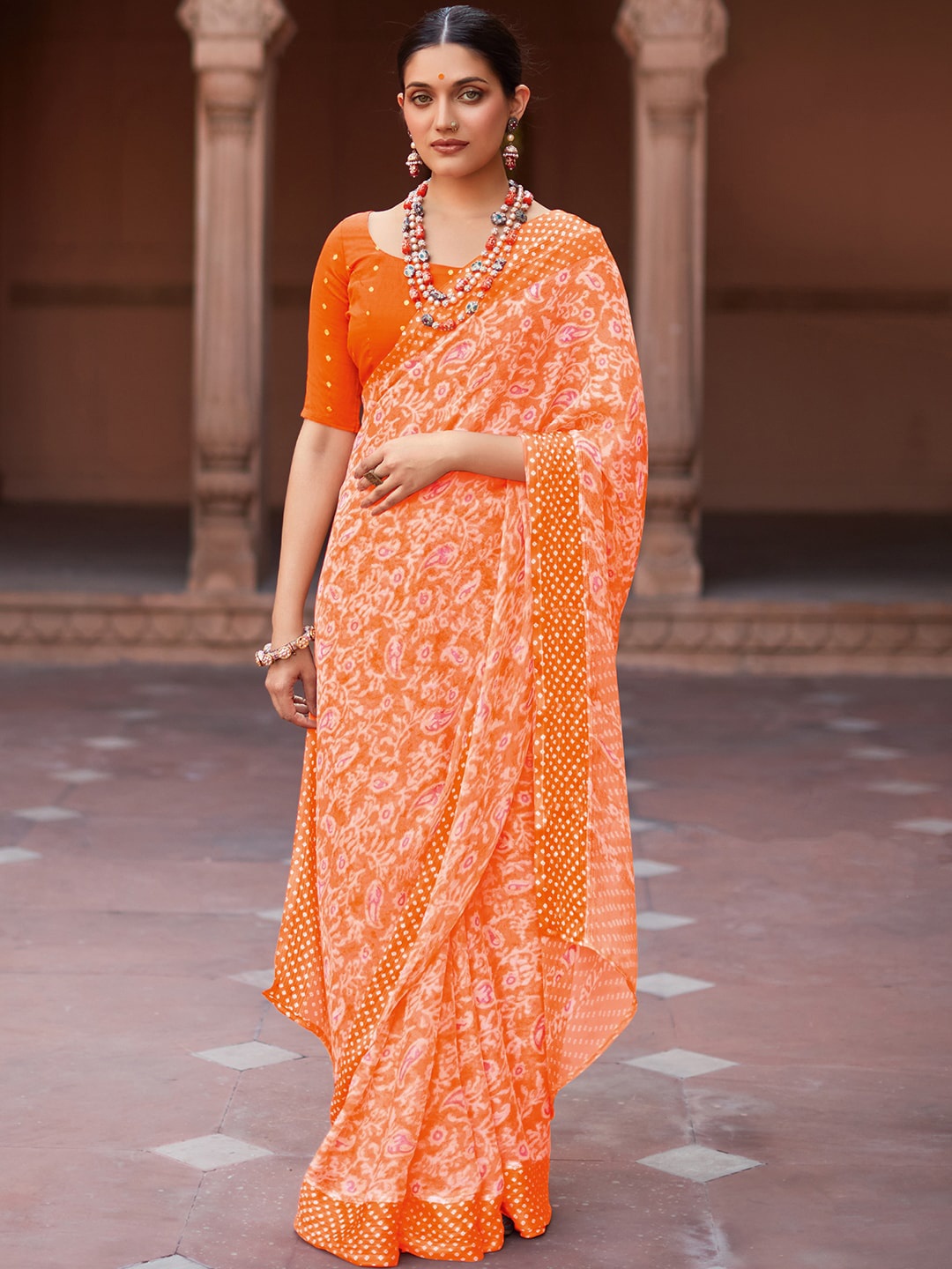 

Saree mall Orange & Pink Paisley Pure Chiffon Saree