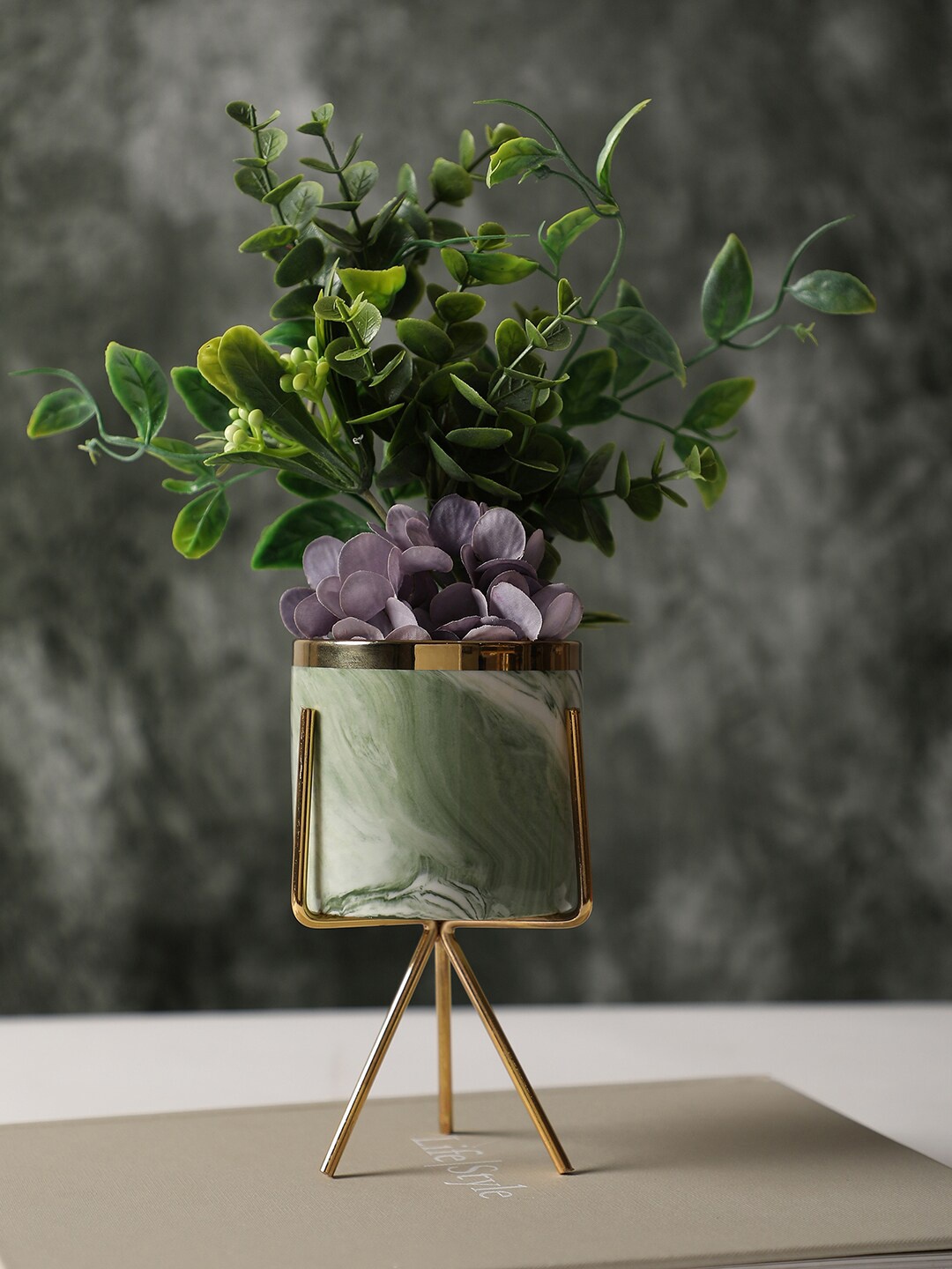 

Bonhomie Green & Gold-Toned Marble Ceramic Planter With Three-Legged Stand