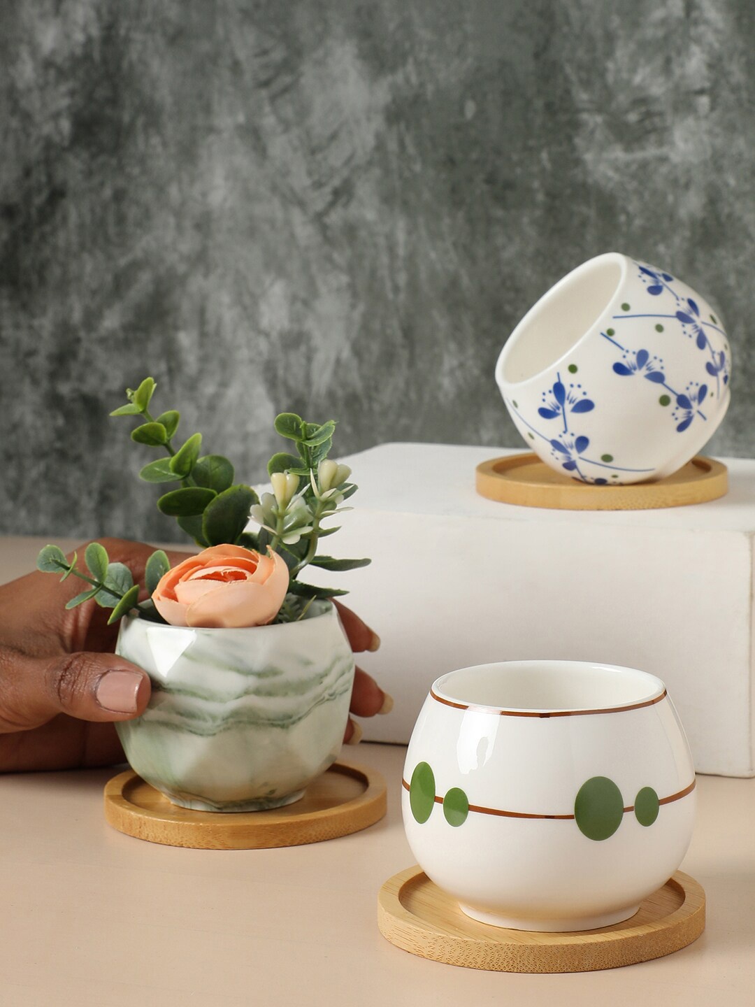 

Bonhomie Set Of 3 Printed Ceramic Pot Planter, White