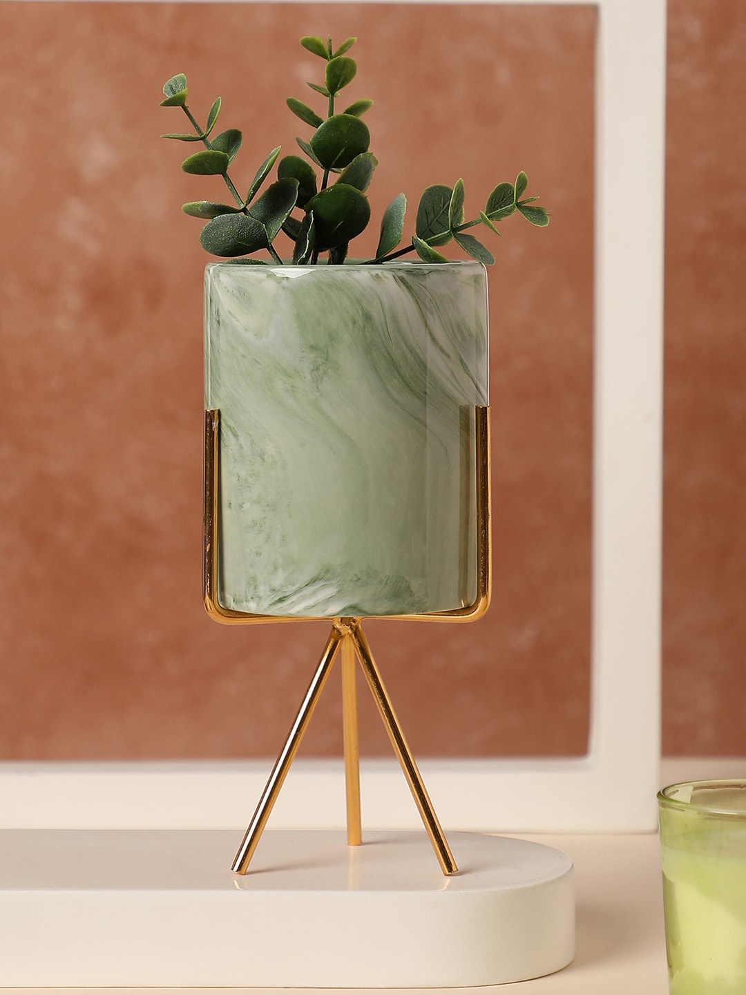 

Bonhomie Green Ceramic Planters with Three-Legged Gold Stand