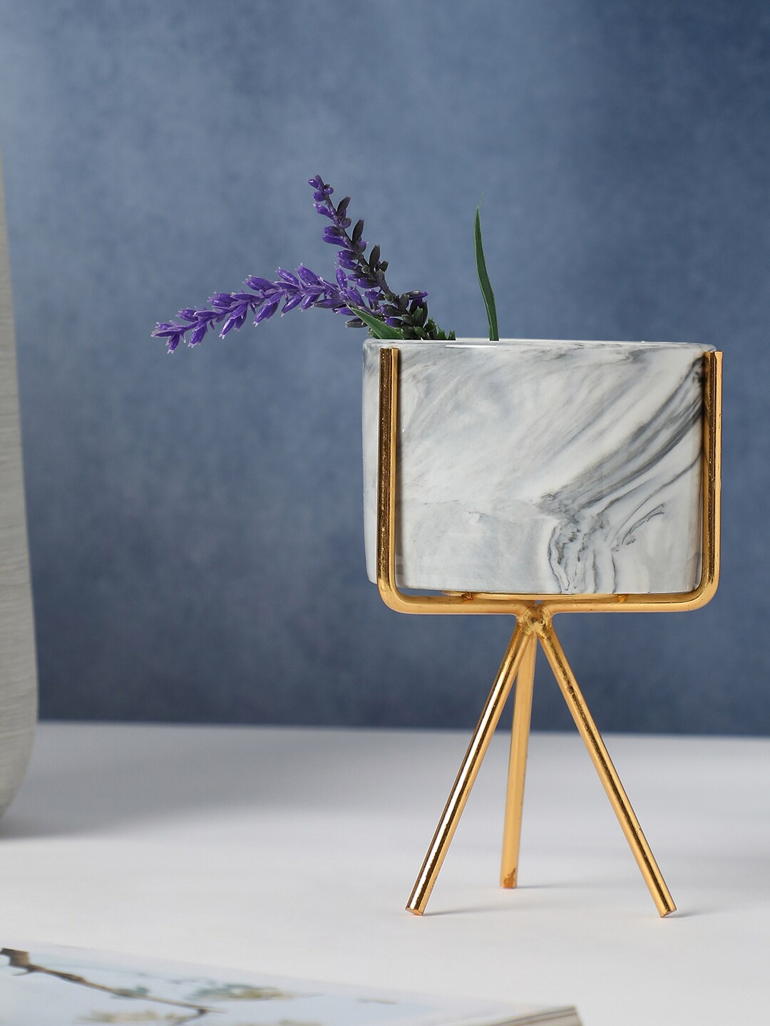 

Bonhomie White & Grey Marble Ceramic Planter With Three-Legged Metal Stand