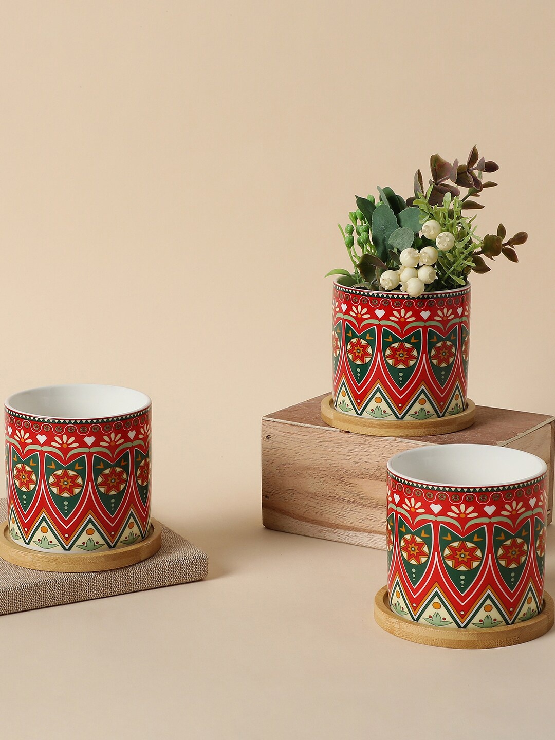 

Bonhomie Set Of 3 Abstract Design Ceramic Pot Planters, Red