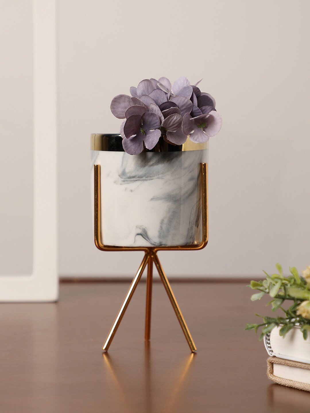 

Bonhomie Grey & Gold-Toned Printed Marble Ceramic Planter With Three-Legged Stand