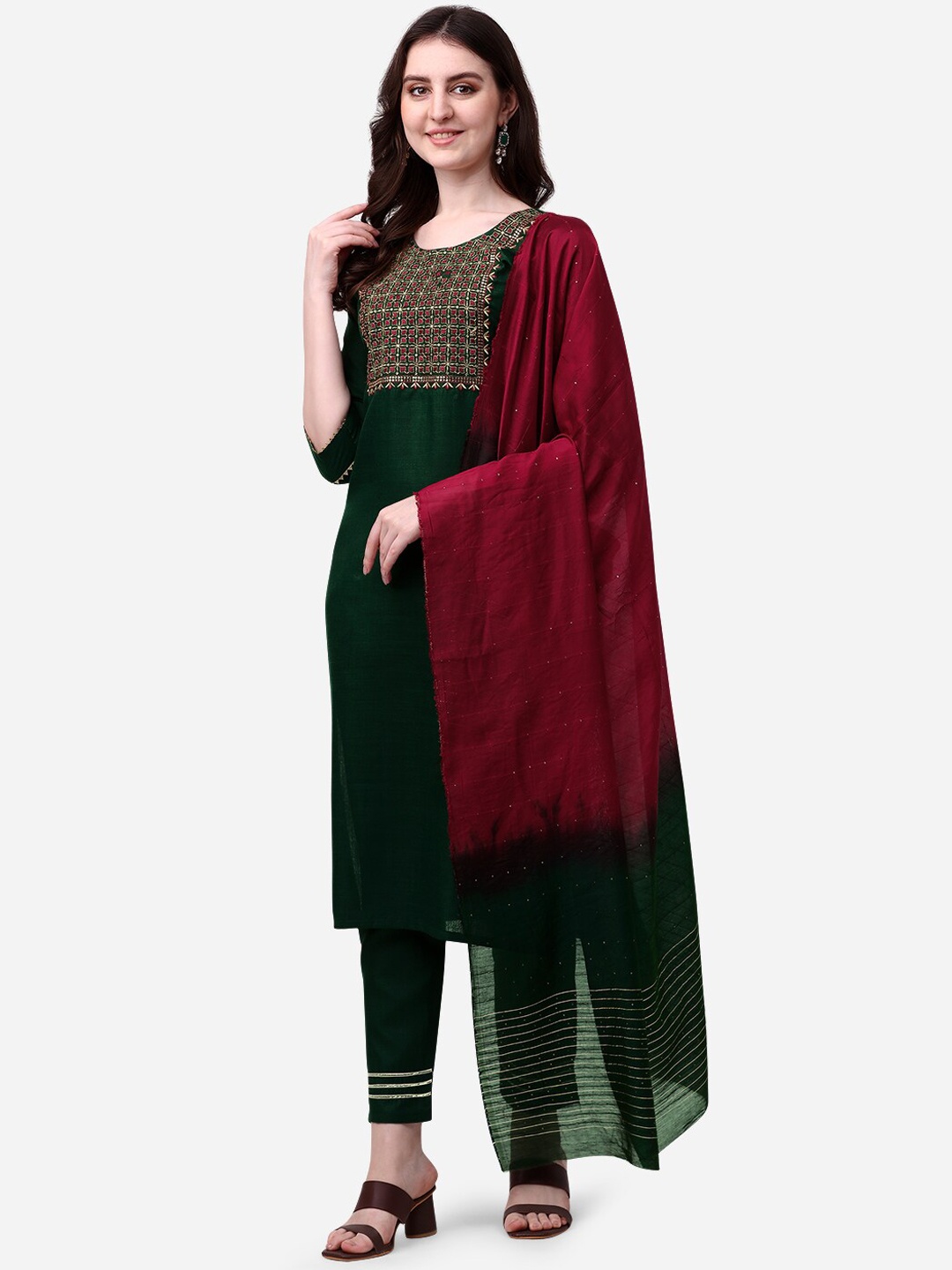 

KALINI Women Green Floral Embroidered Kurta with Trousers & With Dupatta
