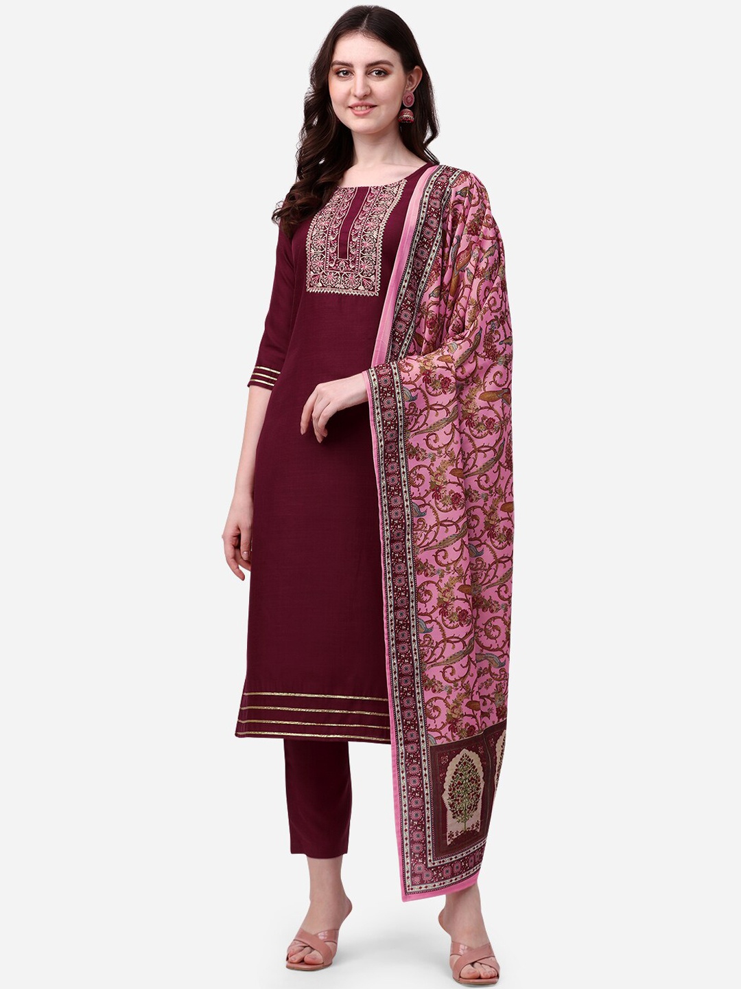 

KALINI Women Maroon Ethnic Motifs Embroidered Kurta with Trousers & With Dupatta