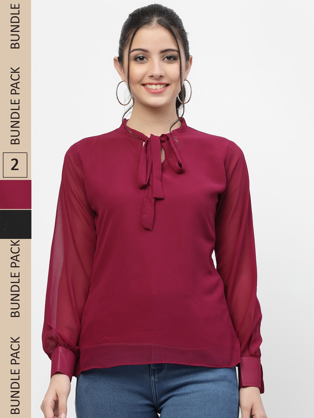 

MISS AYSE Pack Of 2 Maroon & Black Tie-Up Neck Georgette Top