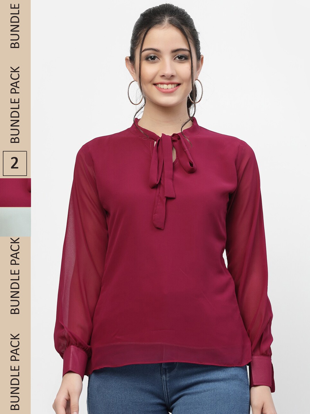 

MISS AYSE Pack Of 2 Maroon & Grey Tie-Up Neck Georgette Tops