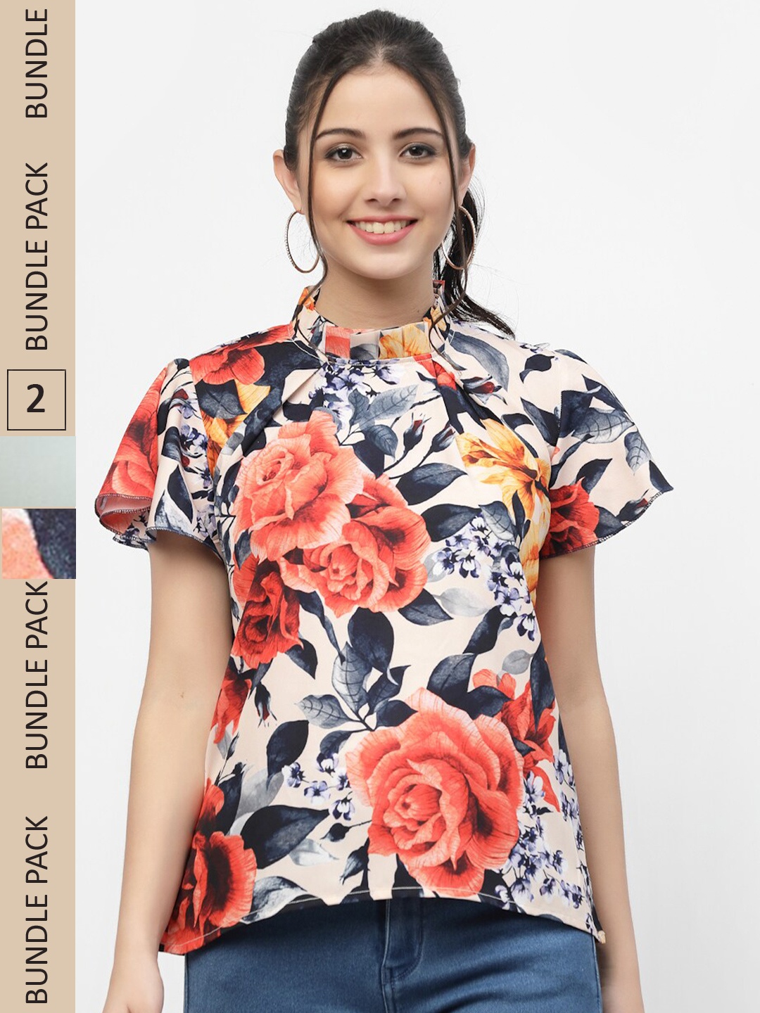 

MISS AYSE Pack Of 2 Grey & Coral Tie-Up Neck Georgette Tops