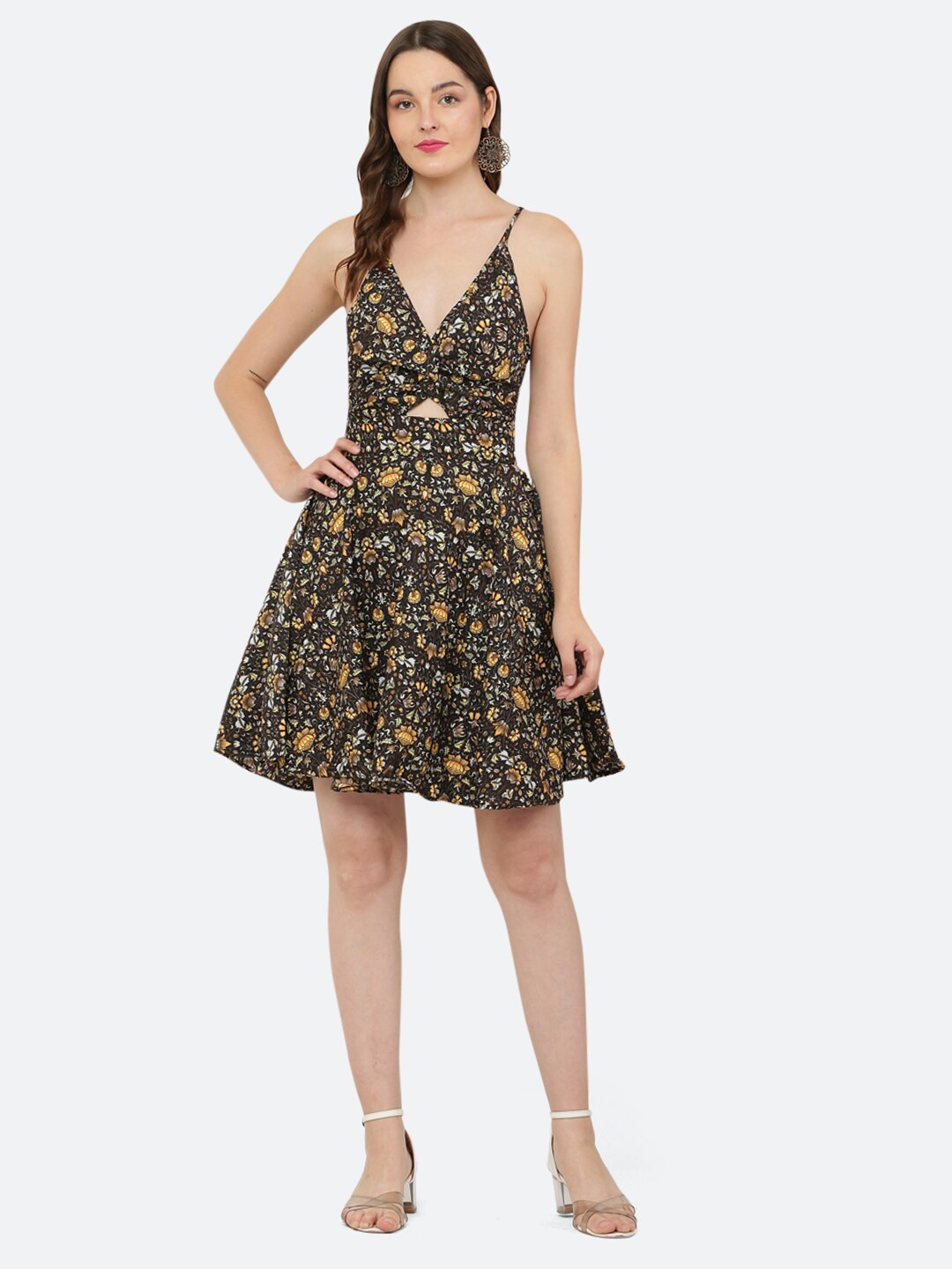 

R Cube Women Black & Yellow Floral Printed V-Neck Dress