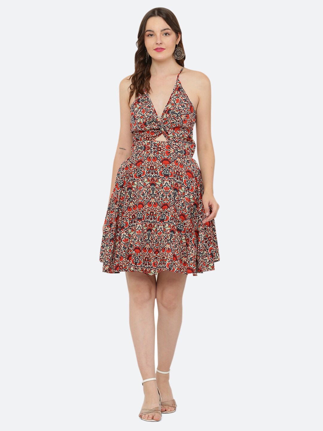 

R Cube Women Beige Floral Printed V-Neck Dress