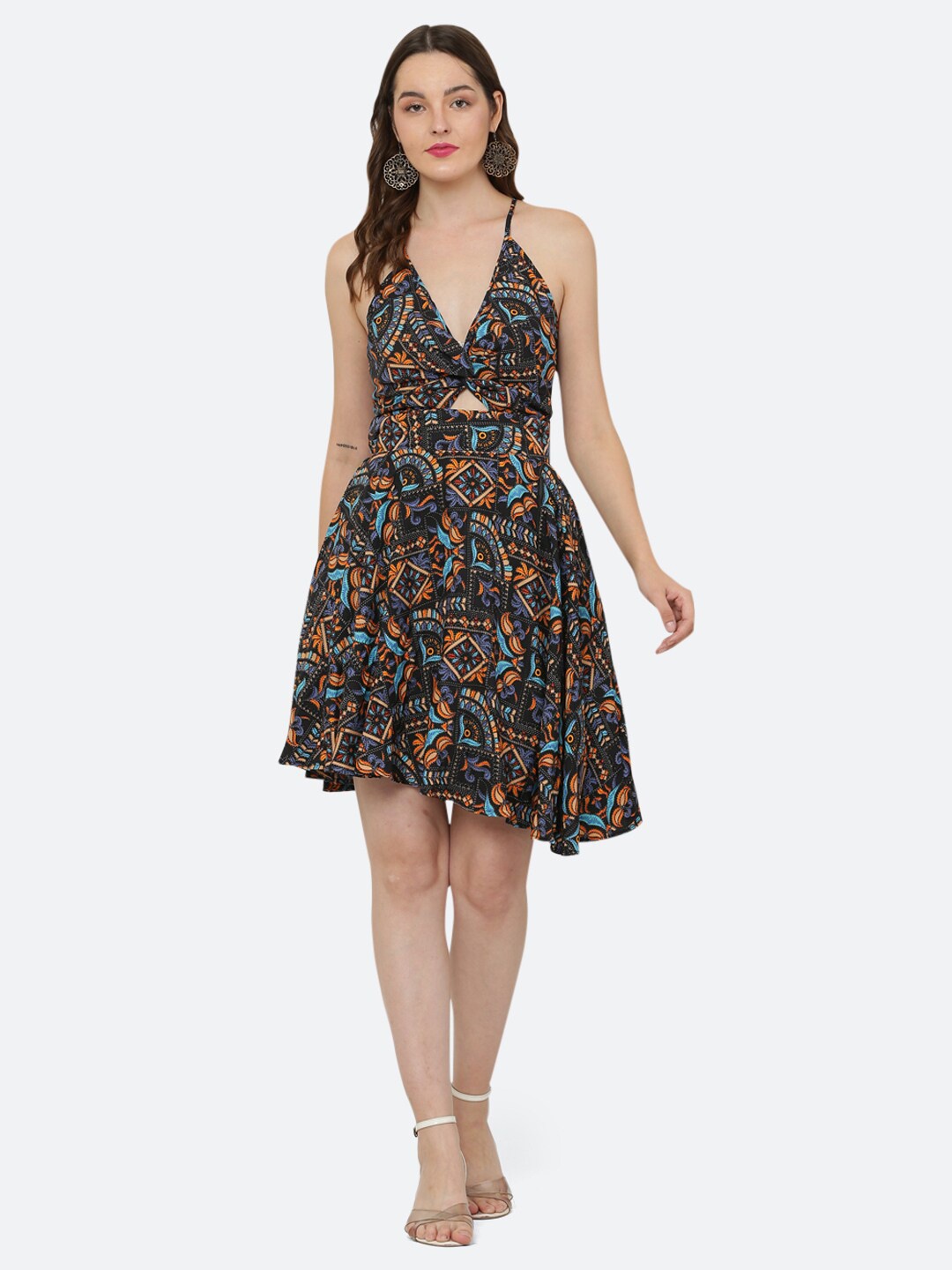 

R Cube Women Orange & Blue Floral Printed V-Neck Dress