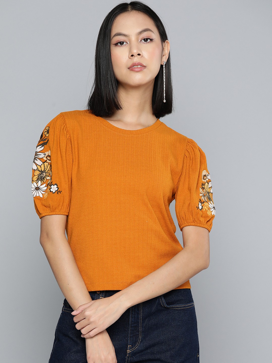 

VividArtsy Knitted Round Neck Placement Print Top, Mustard