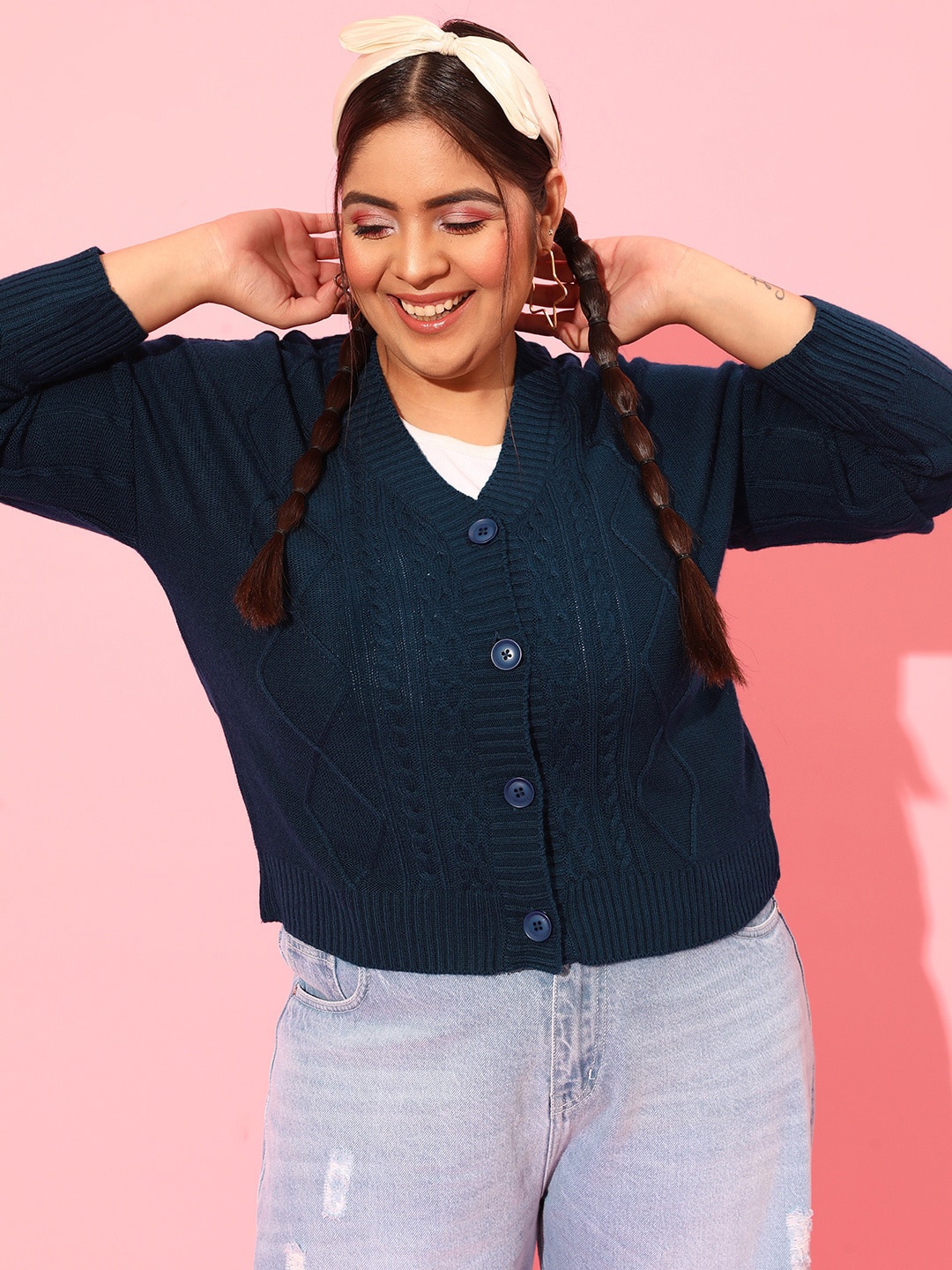 

CURVY STREET Plus Size Women Navy Blue Cable Knit Acrylic Cardigan