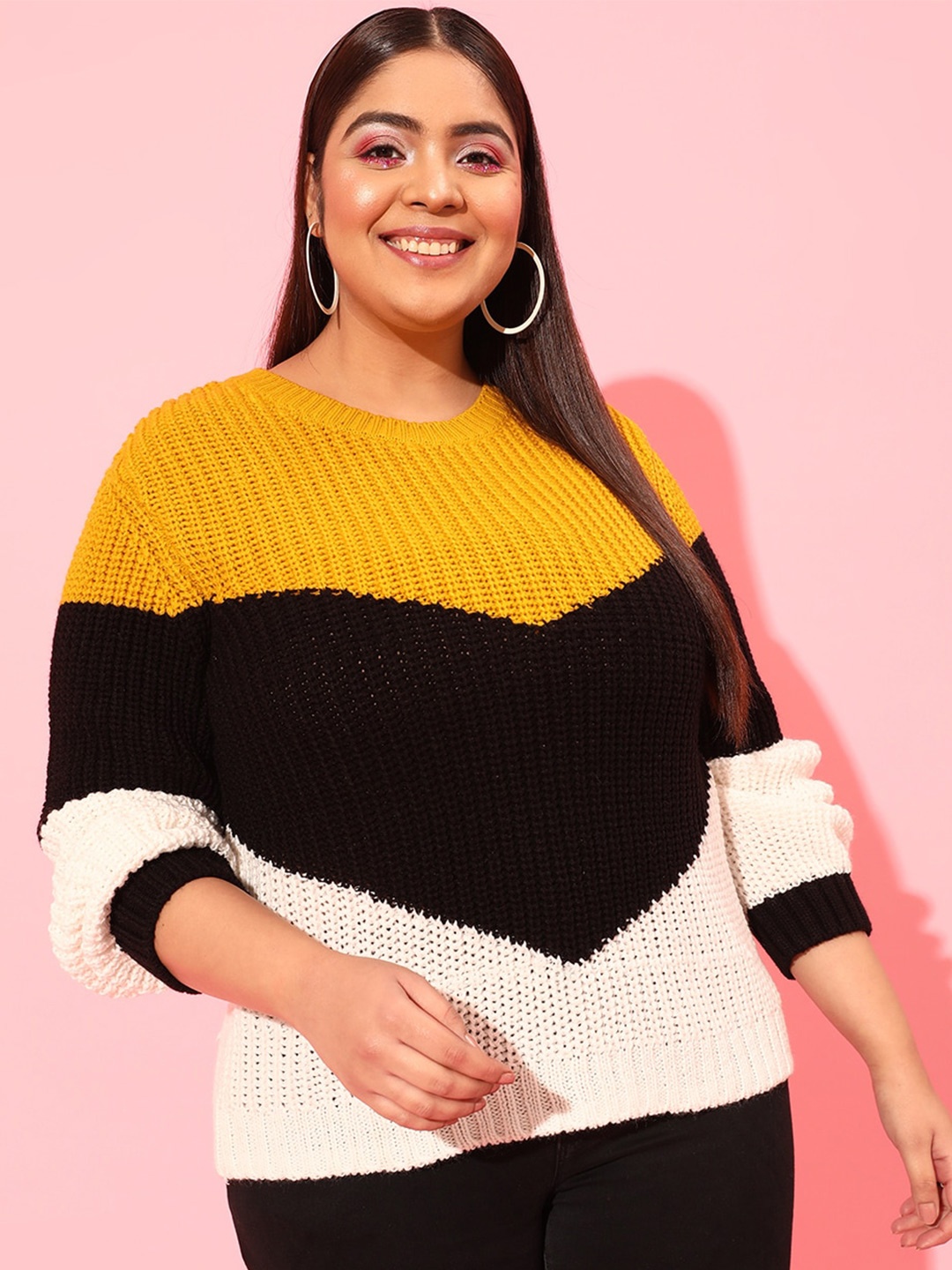

CURVY STREET Plus Size Women Yellow & Black Colourblocked Acrylic Pullover