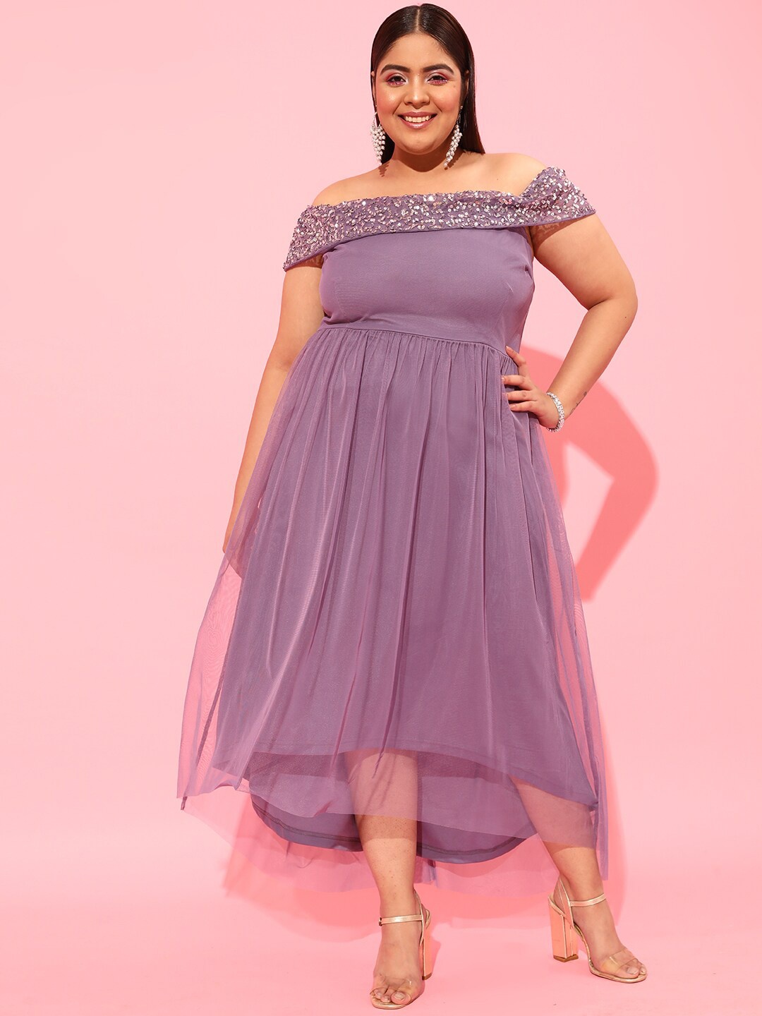 

CURVY STREET Lavender Plus Size Off-Shoulder Net Dress