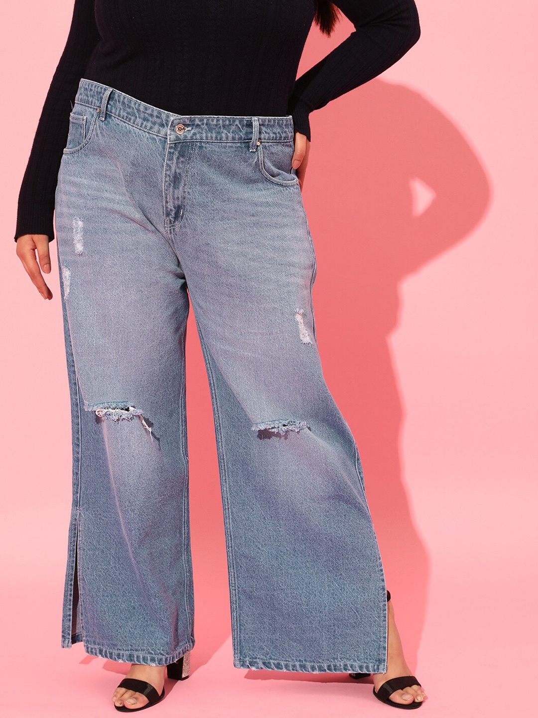 

CURVY STREET Women Blue Cotton Flared High-Rise Mildly Distressed Light Fade Jeans