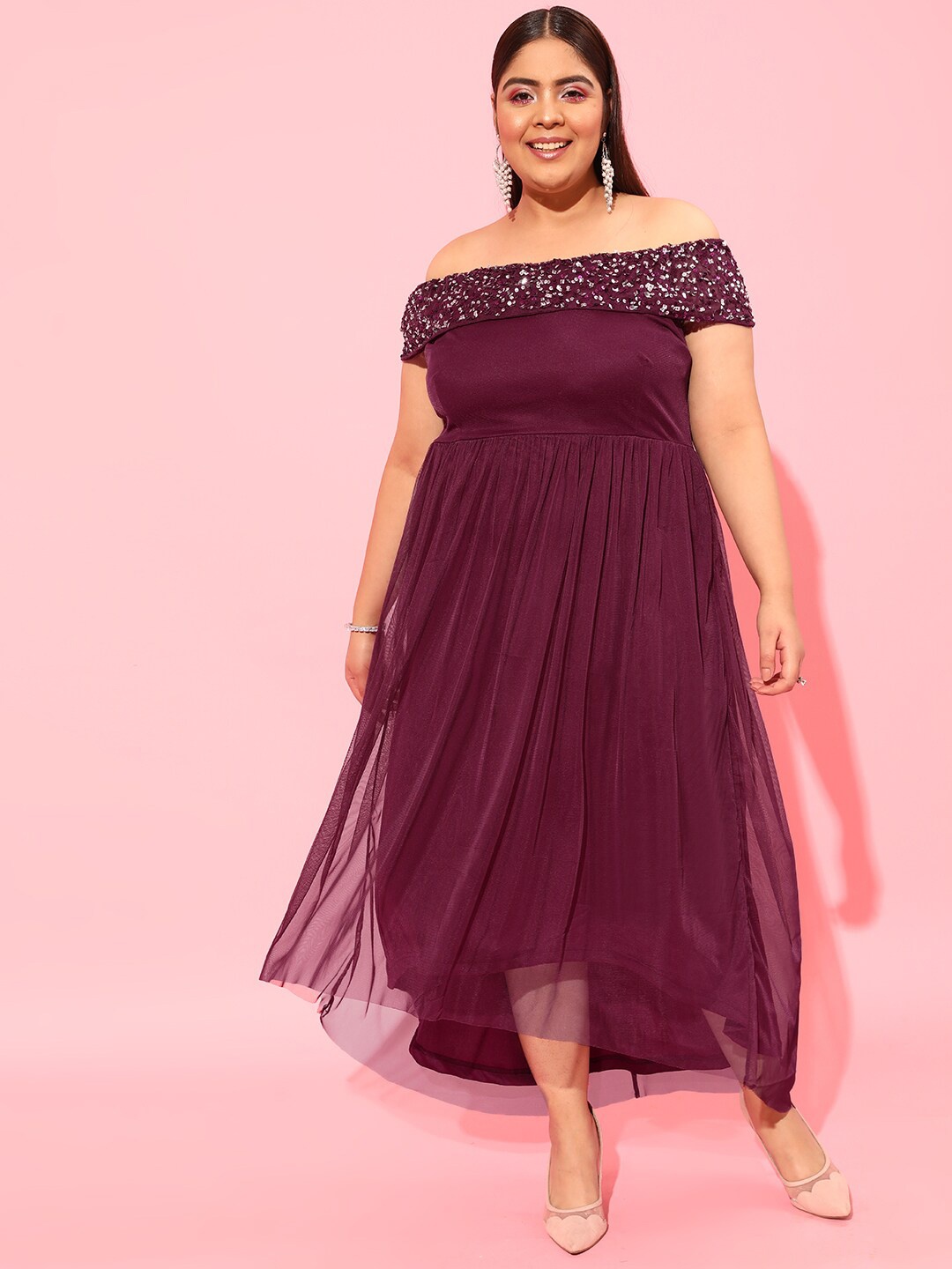 

CURVY STREET Burgundy Plus Size Off-Shoulder Net Dress