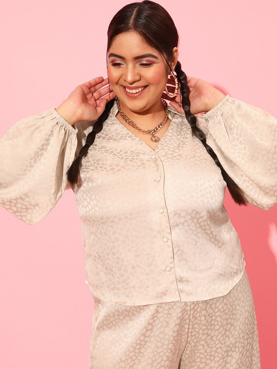 

CURVY STREET Women Self Design Satin Casual Shirt, Cream