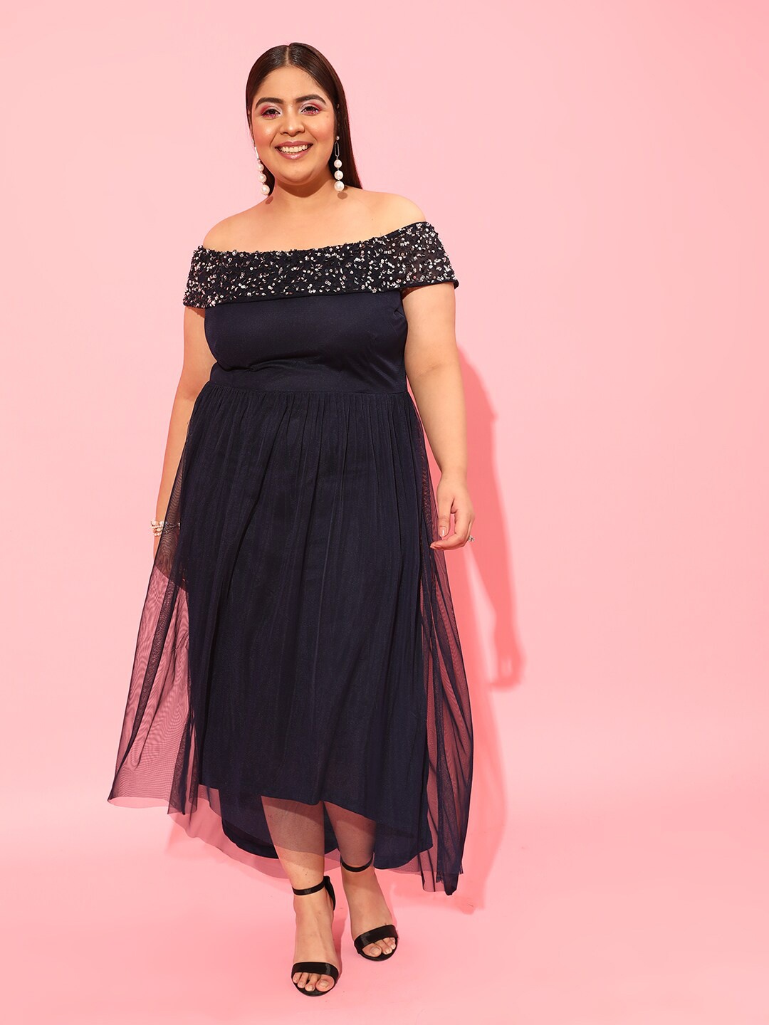 

CURVY STREET Navy Blue Off-Shoulder Net A-Line Dress