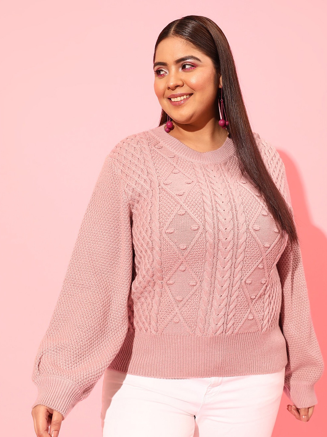 

CURVY STREET Plus Size Women Pink Cable Knit Acrylic Pullover