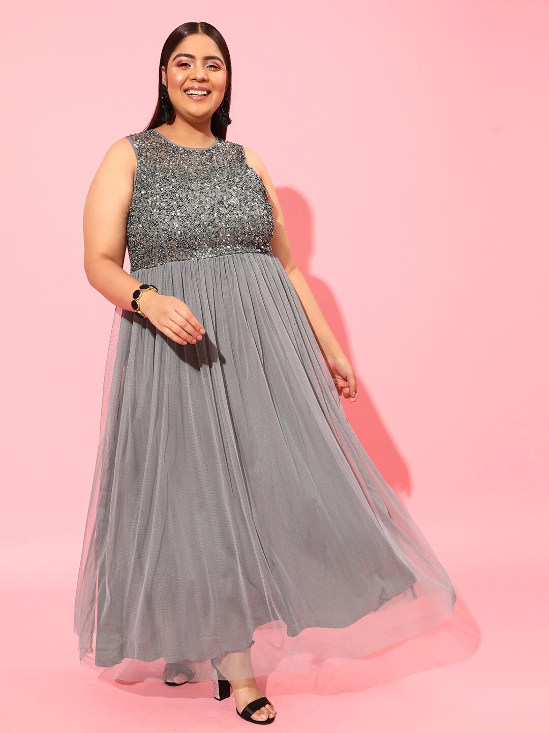 

CURVY STREET Grey Plus Size Embellished Net Maxi Dress