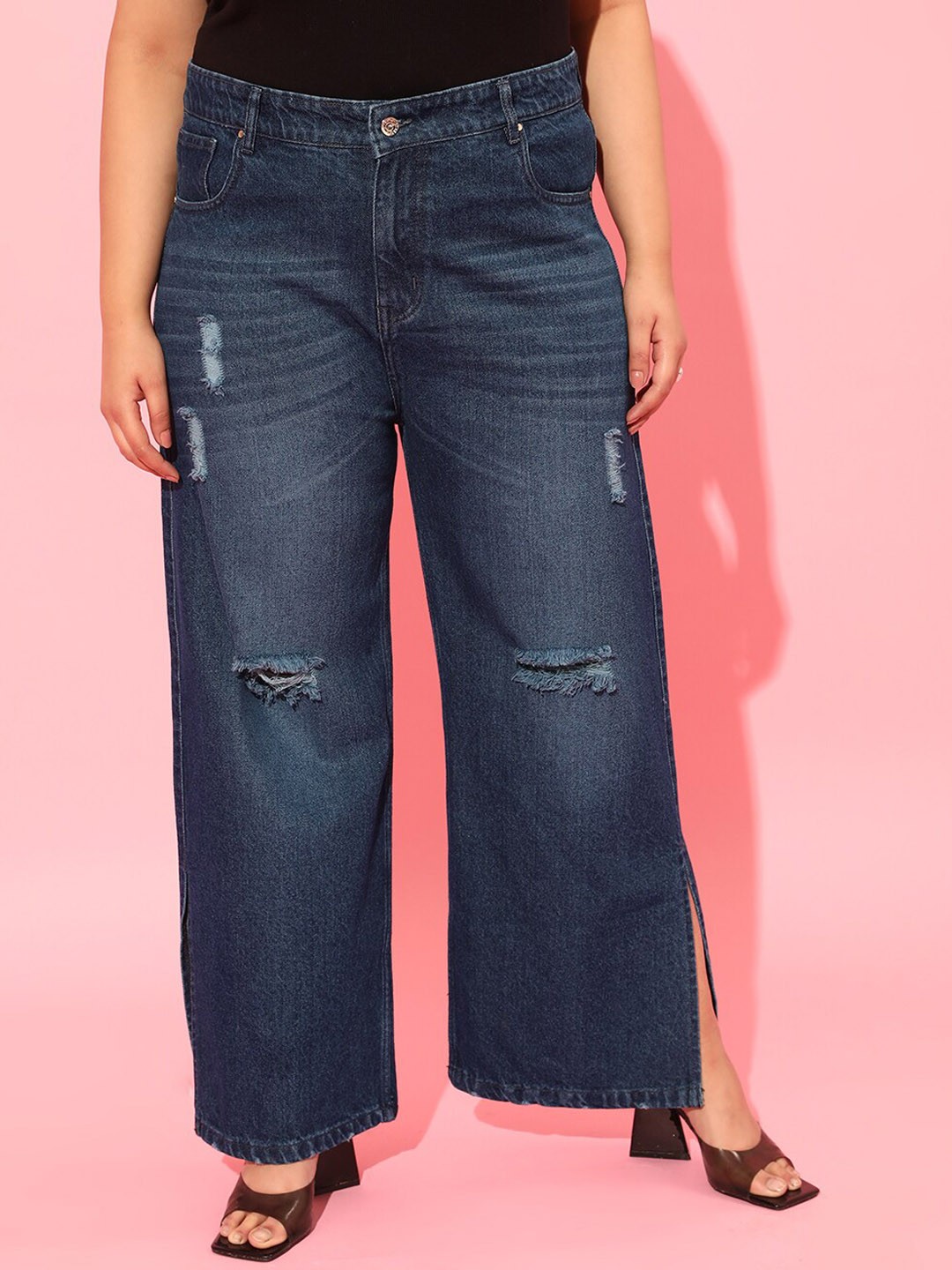 

CURVY STREET Women Blue Cotton Flared High-Rise Highly Distressed Light Fade Jeans