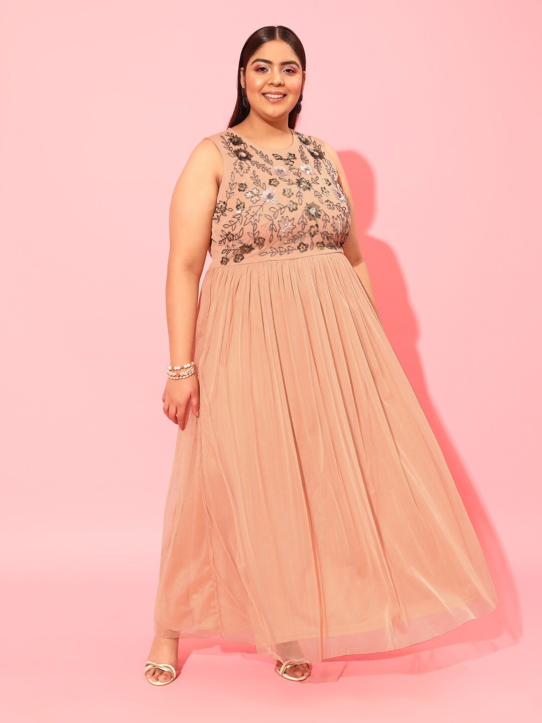 

CURVY STREET Peach Plus Size Embellished Net A-Line Midi Dress