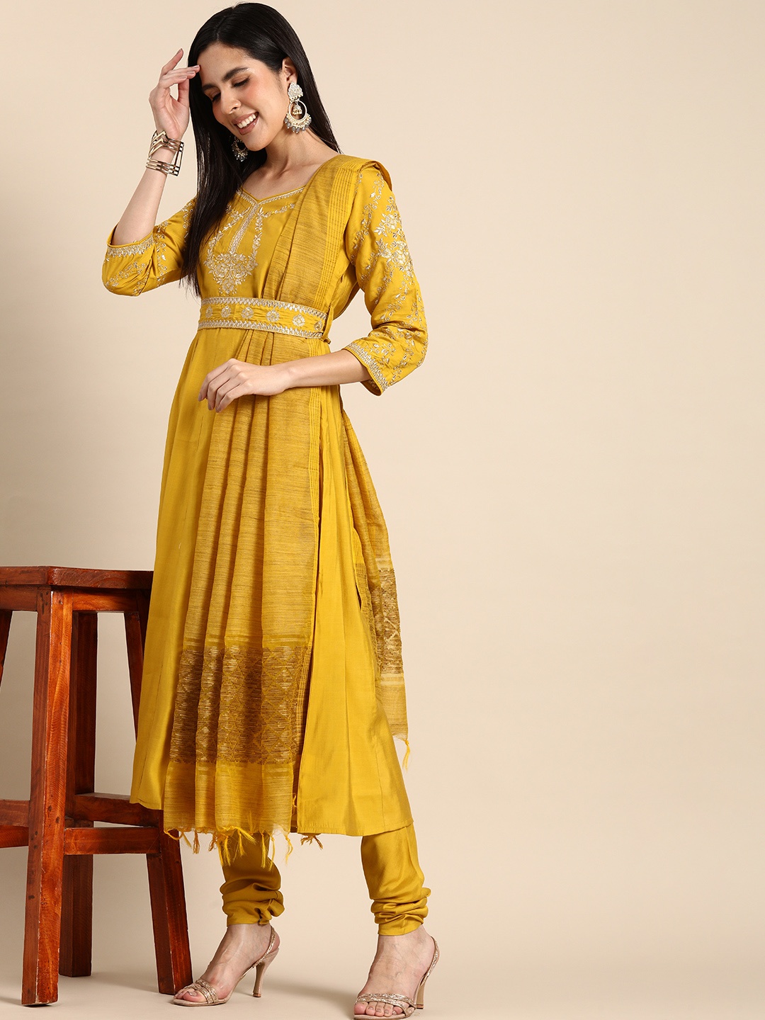 

Anouk Women Ethnic Motifs Embroidered Empire Kurta With Churidar & With Dupatta, Yellow