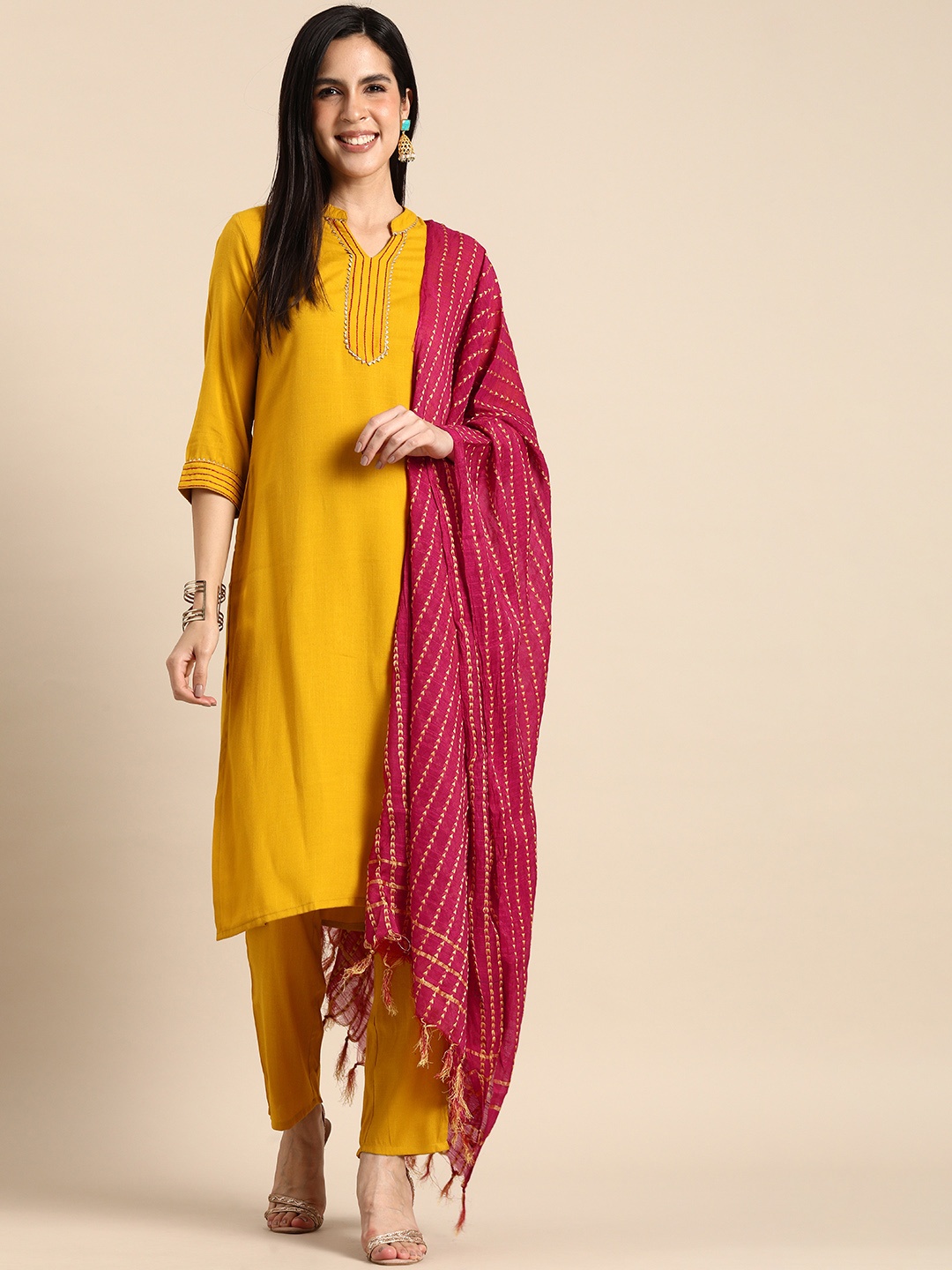 

Anouk Women Yoke Design Gotta Patti Kurta With Trousers & With Dupatta, Mustard