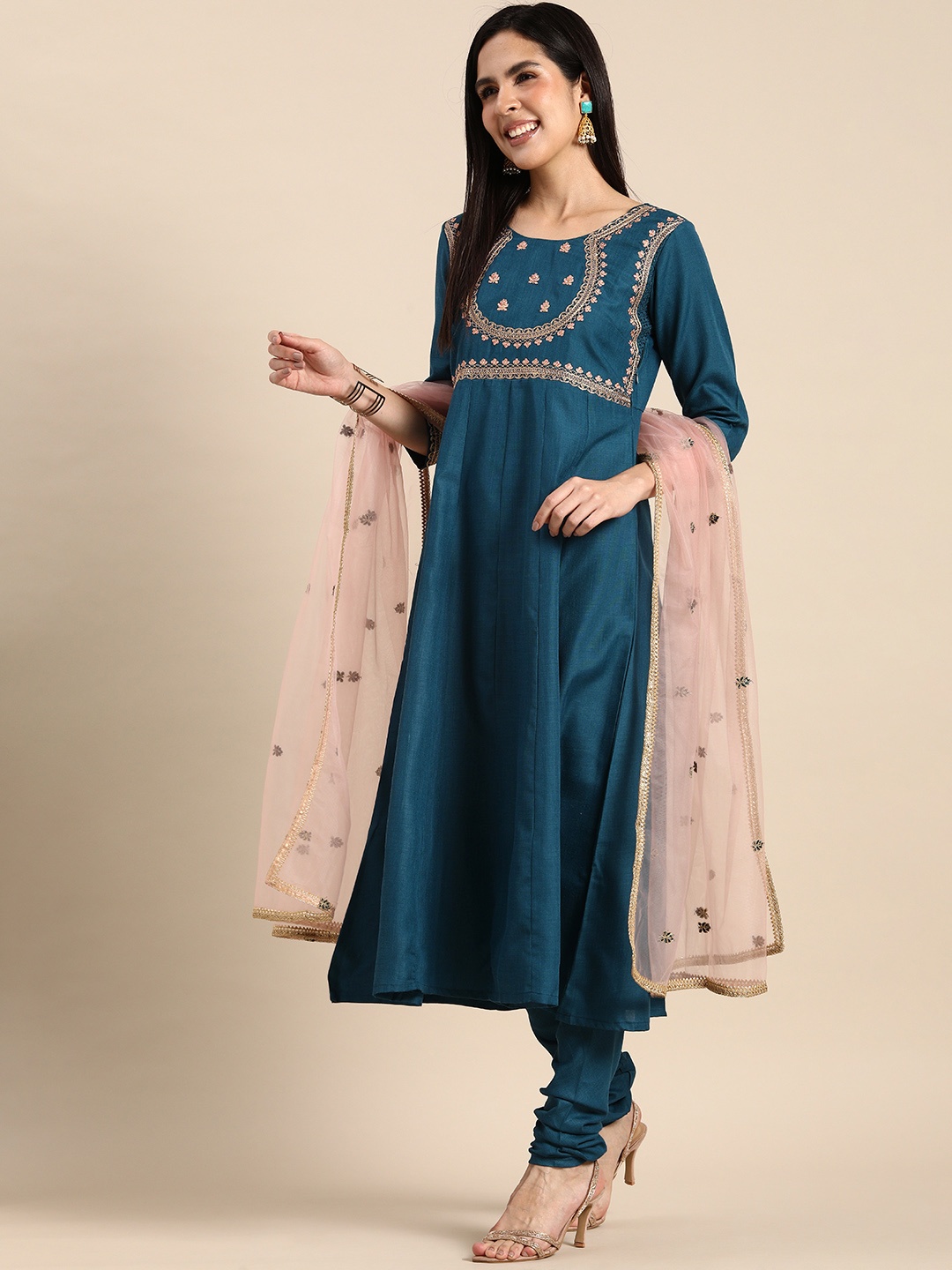 

Anouk Women Ethnic Motifs Embroidered Thread Work Kurta With Churidar & With Dupatta, Teal