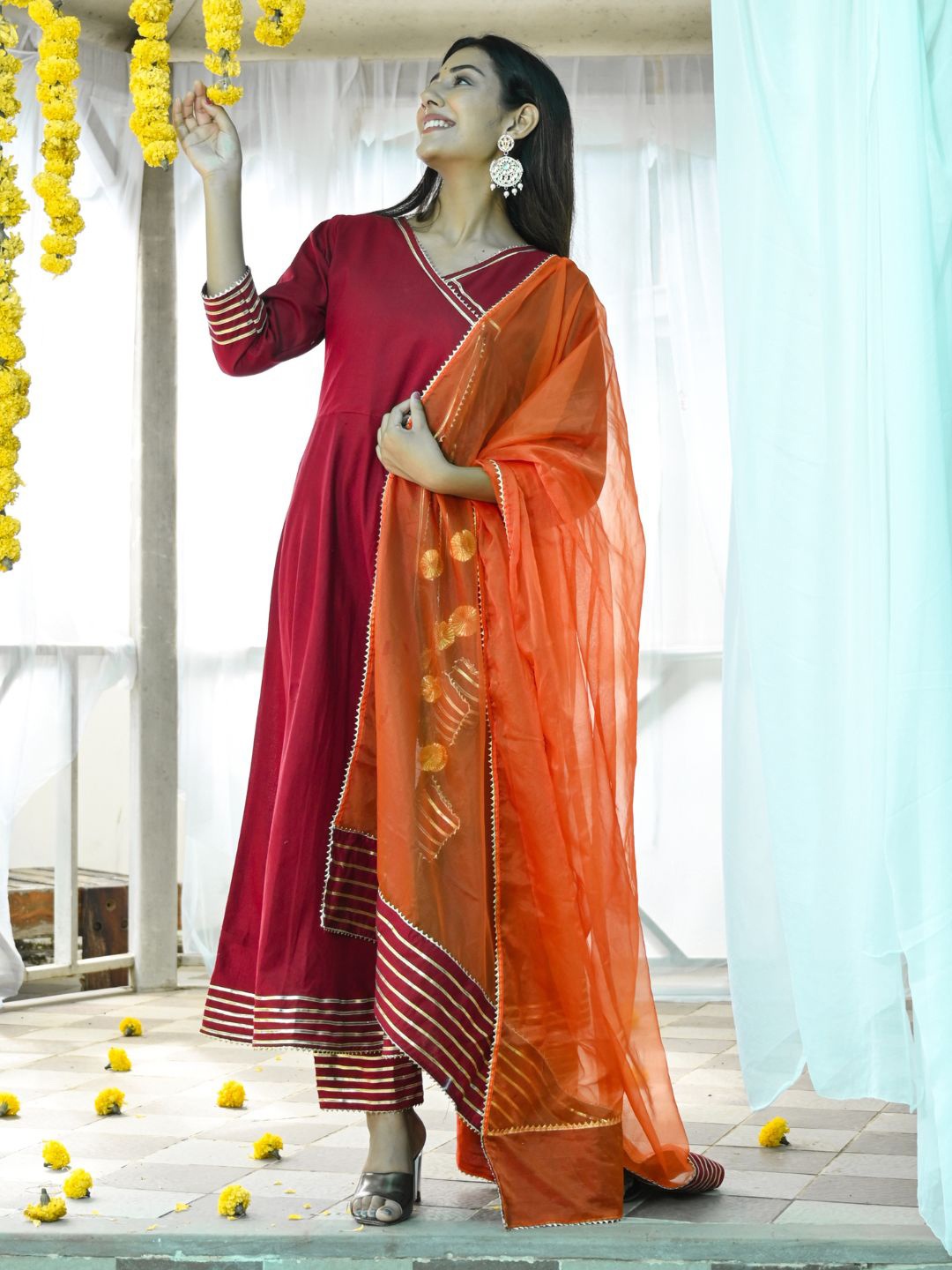 

HOUSE OF JAMOTI Women Maroon Angrakha Gotta Patti Kurta with Trousers & With Dupatta