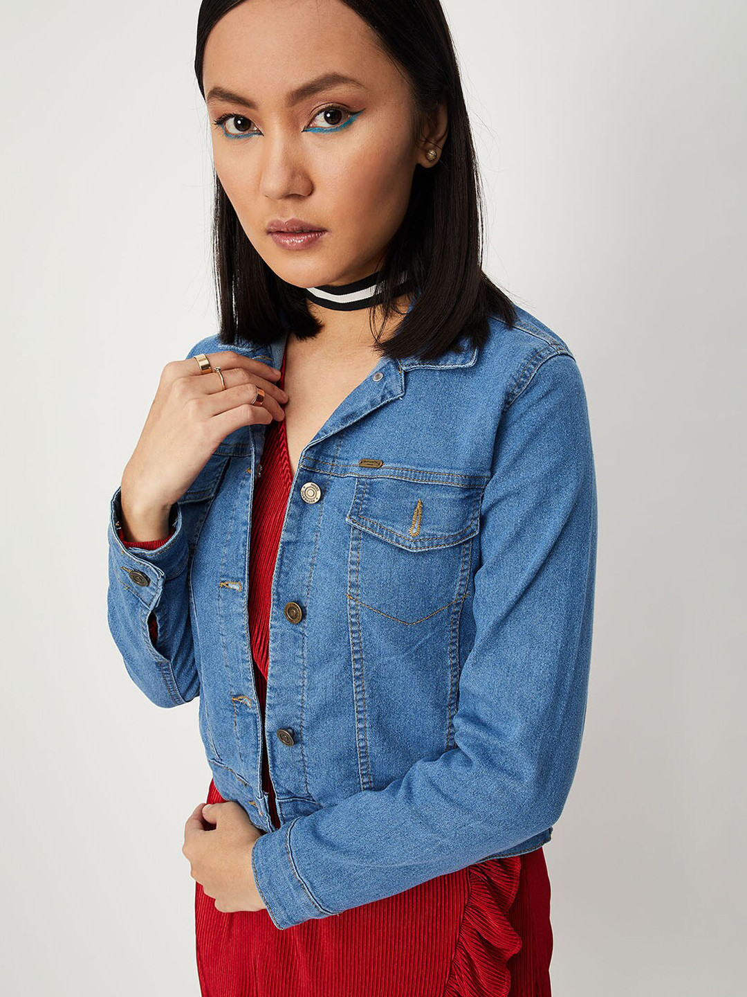 

max Women Blue Windcheater Crop Denim Jacket