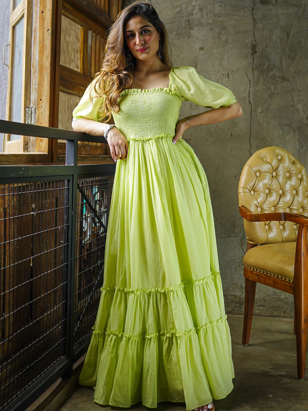

Bunaai Mylah Green Pure Cotton Tiered Fit & Flare Smocked Maxi Dress