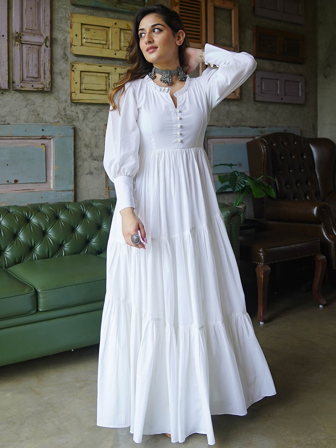 

Bunaai White Pure Cotton Tiered Fit & Flared Puff Sleeves Maxi Dress
