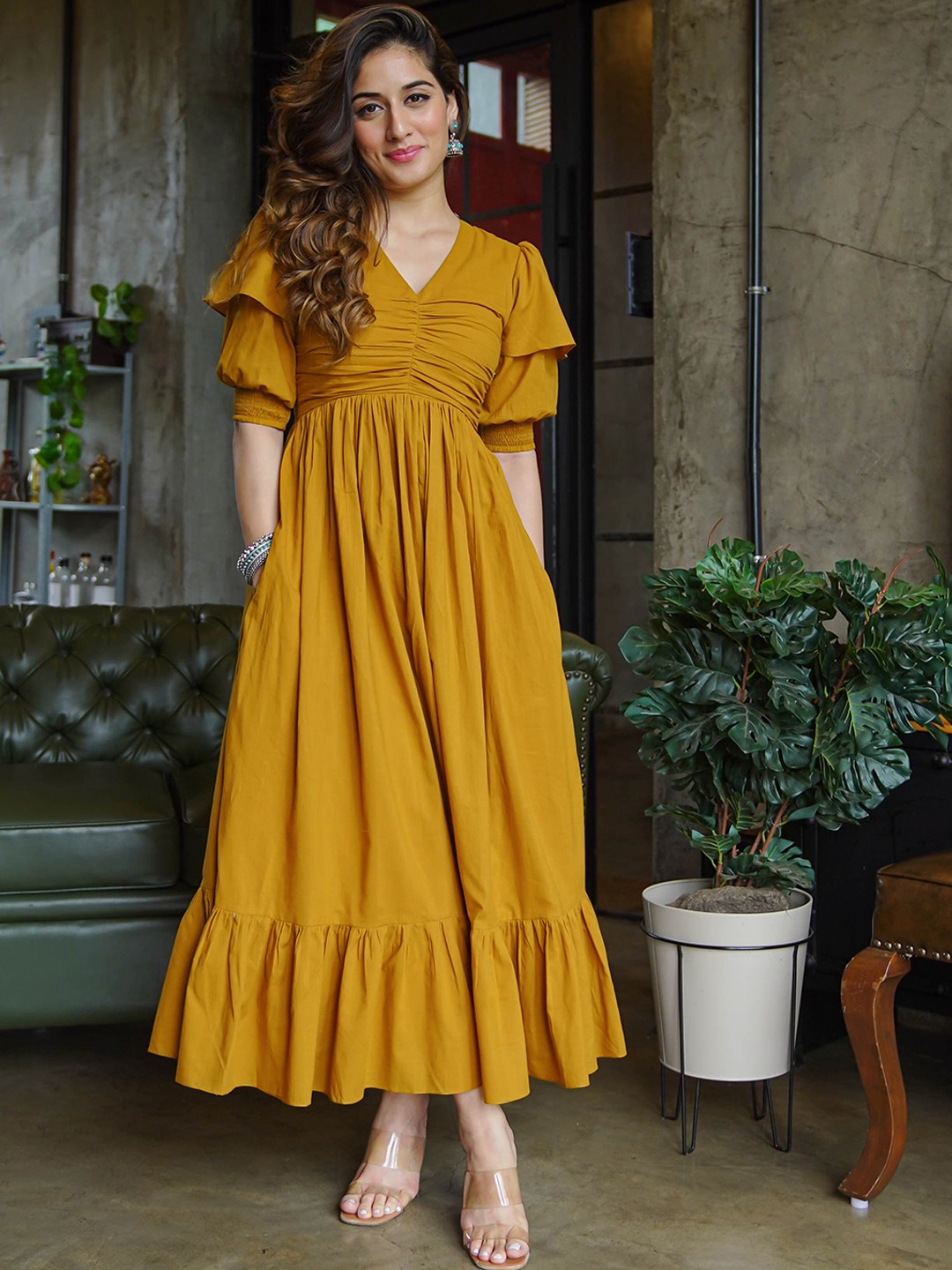 

Bunaai Mustard Yellow Tiered Fit & Flared Maxi Length Cotton Ethnic Dress