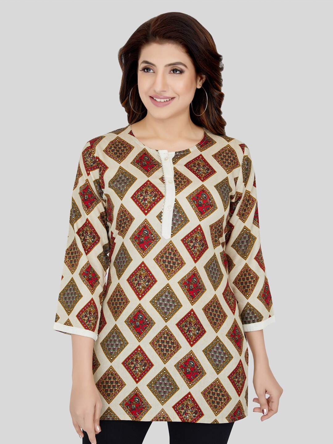

Saree Swarg Cream-Coloured & Brown Ethnic Motifs Printed Kurti