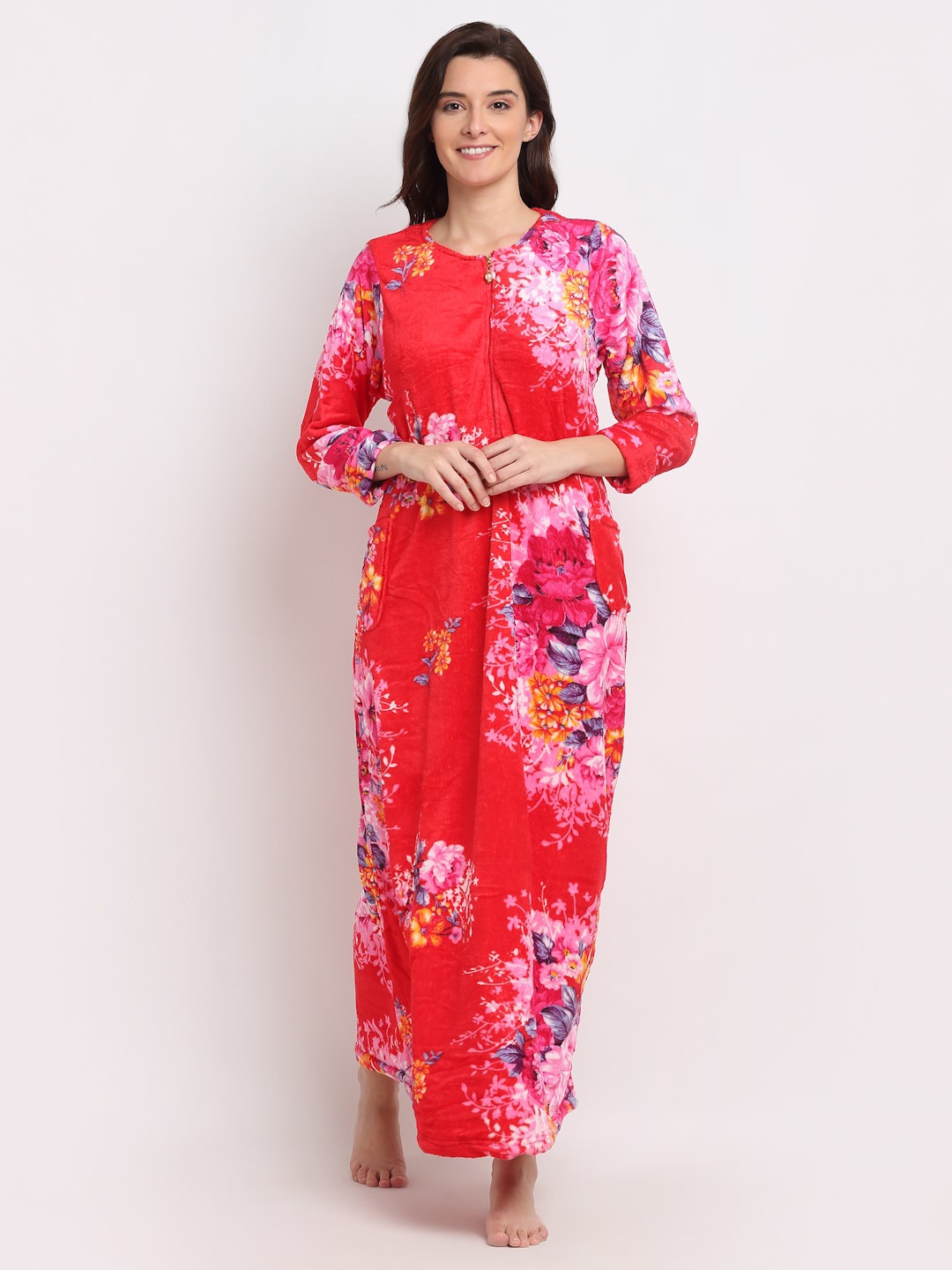 

Jinfo Women Red Printed Maxi Nightdress