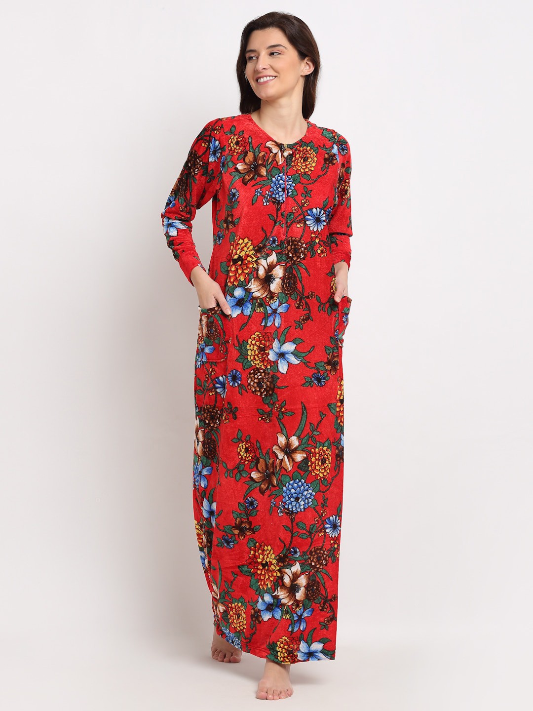 

Jinfo Women Red Printed Maxi Nightdress
