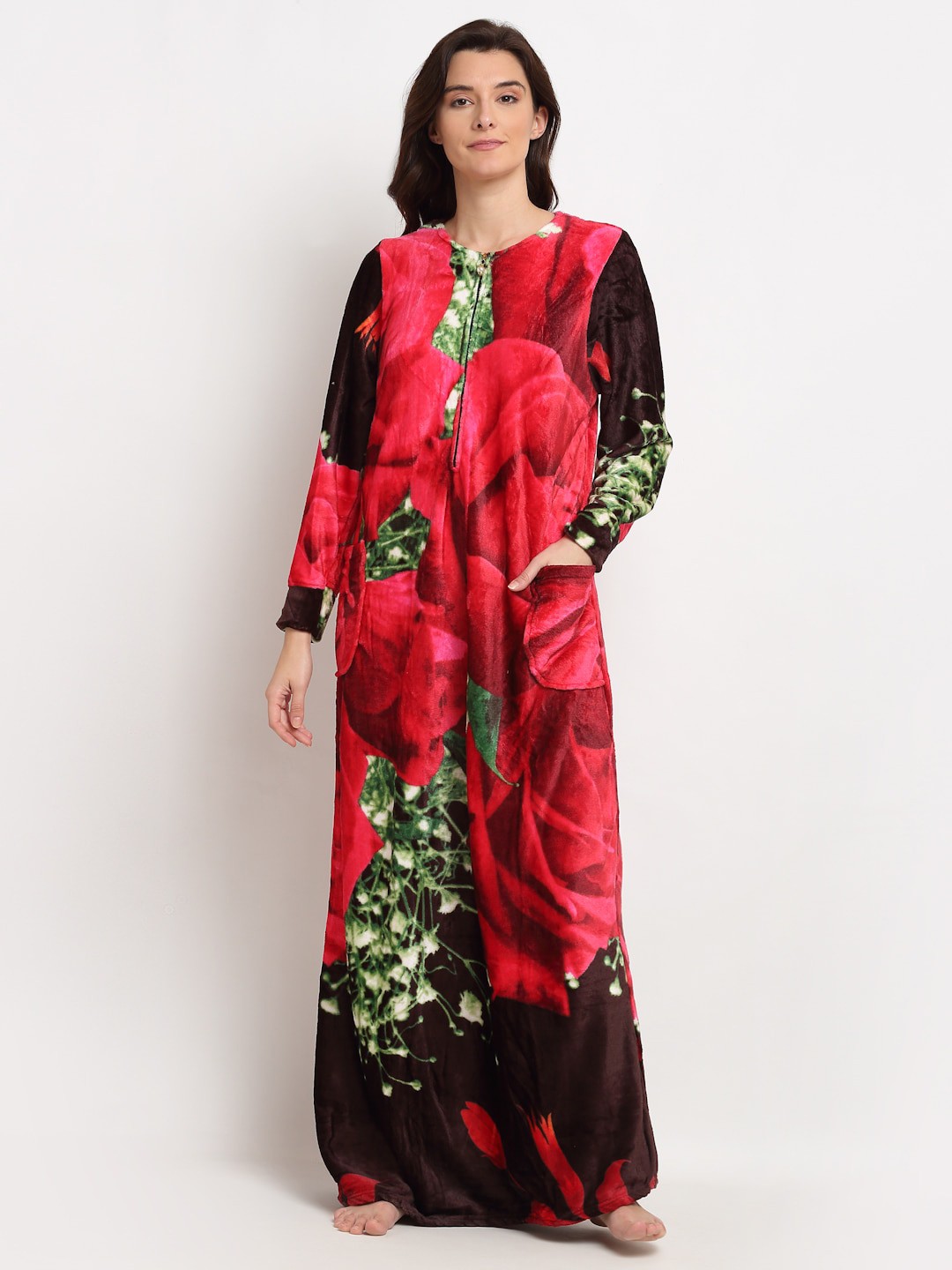 

Jinfo Women Red Printed Maxi Nightdress