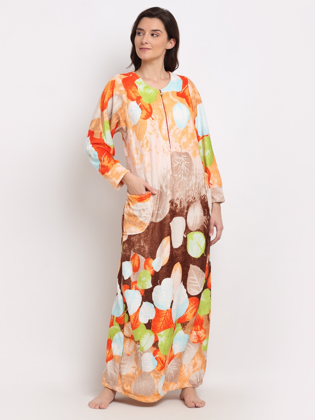 

Jinfo Women Orange Printed Maxi Nightdress