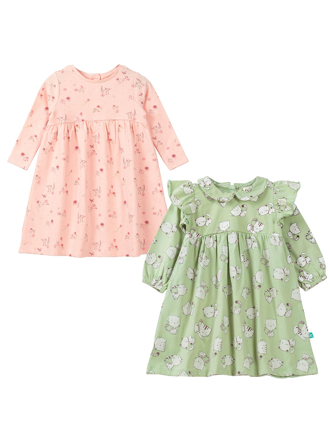 

JusCubs Pack of 2 Peach-Coloured & Green Printed Cotton A-Line Dress