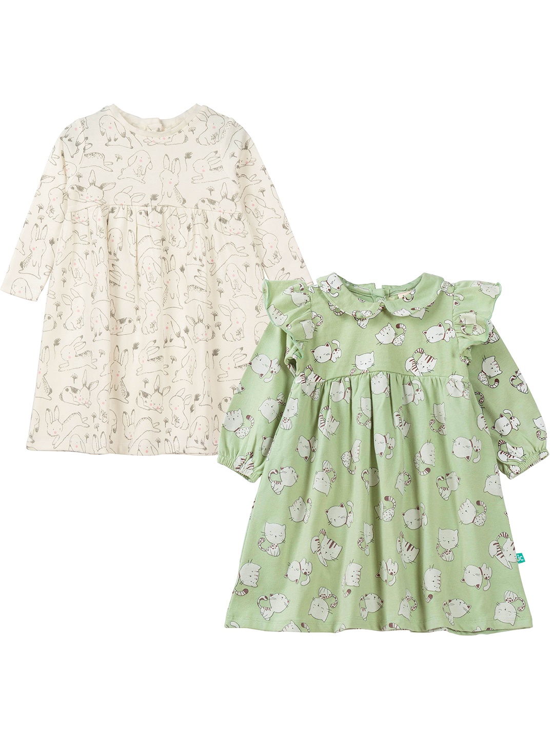 

JusCubs Pack of 2 Off White & Green Printed Cotton A-Line Dress
