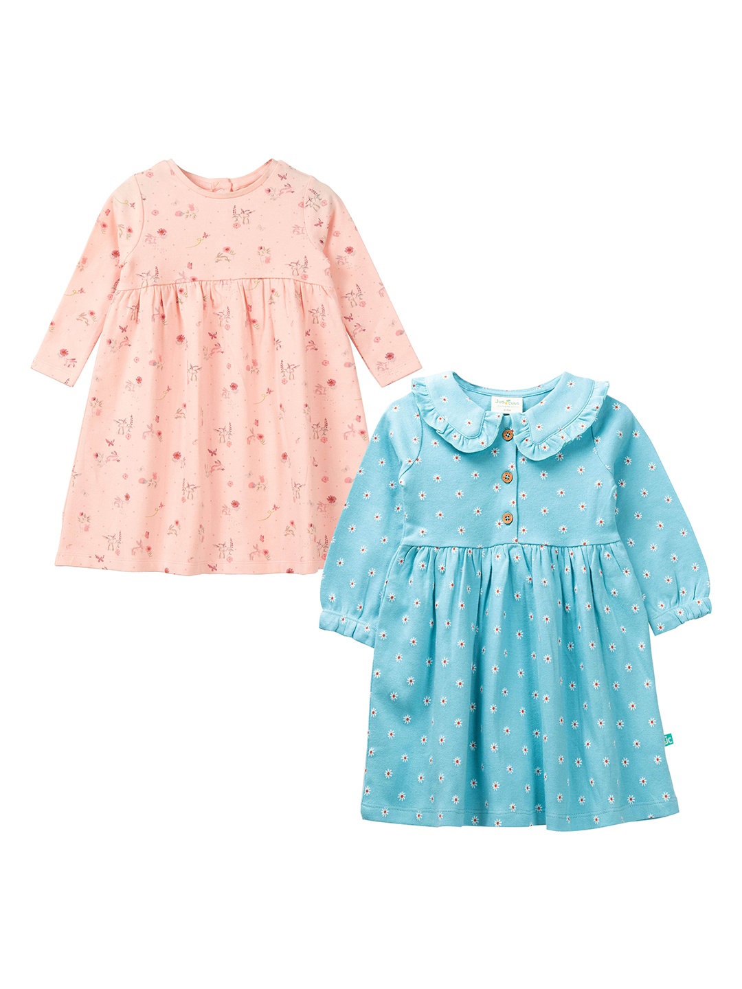 

JusCubs Pack of 2 Peach-Coloured & Blue Floral Cotton A-Line Dress